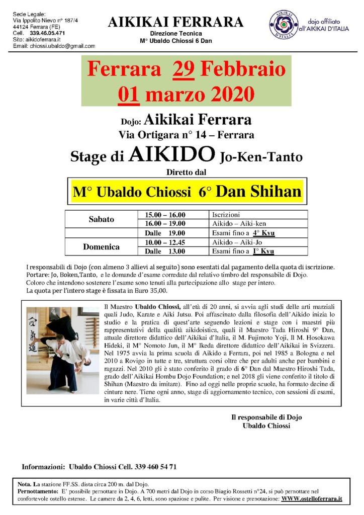 Locandina Stage Febbraio 2020 Ferrara